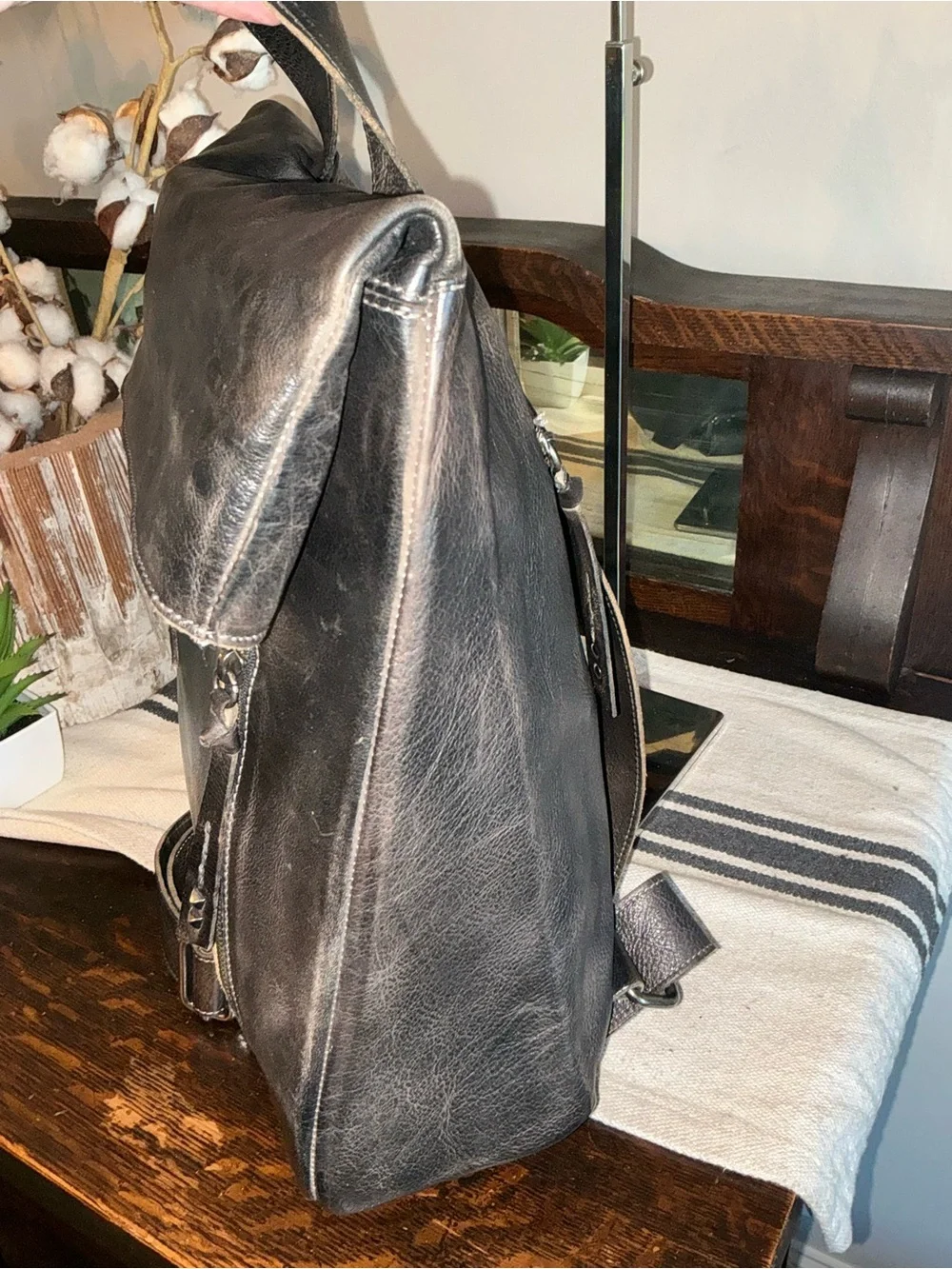Bed Stu Leather Unisex Howie Flapover Leather Backpack Black Rustic Retail $365